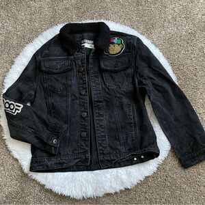2APM Hater Proof Black Jean Jacket Button Front Embroidered Faux Sherpa Detail